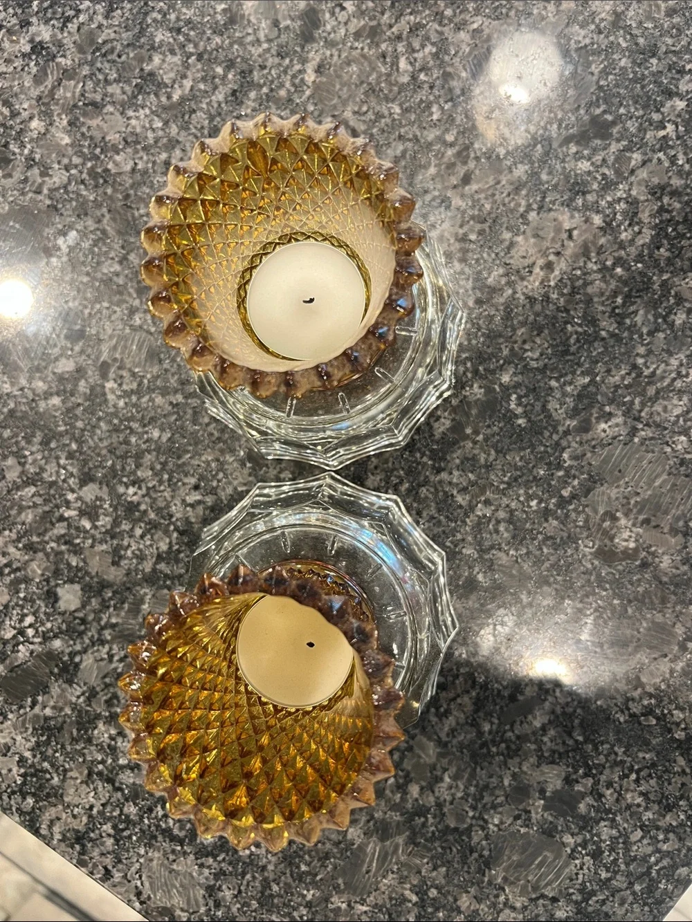 VTG Indiana Glass Amber Diamond Cut Votive Holders- Set of 2